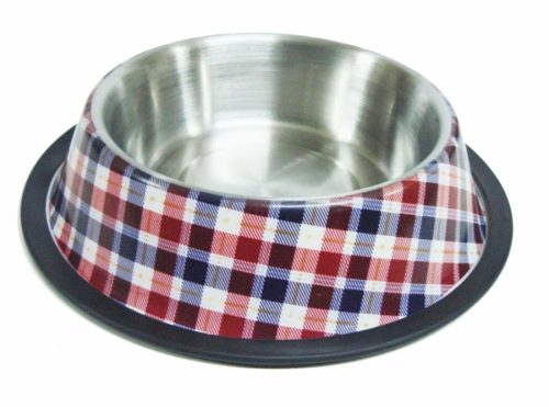 Tál Fém Etető Gumi Peremmel, Kockás Mintával, 0,7l / 17cm