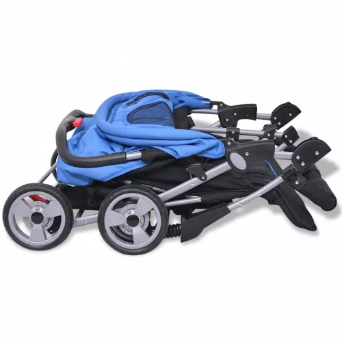 Kék és fekete acél ikerbabakocsi