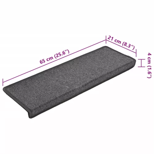 15 db sötétszürke lépcsőszőnyeg, téglalap alakú széllel, 65 x 21 x 4 cm