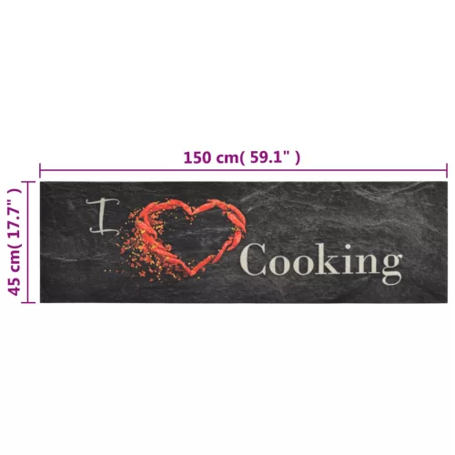 Fekete mosható cooking feliratos bársony konyhaszőnyeg 45x150cm