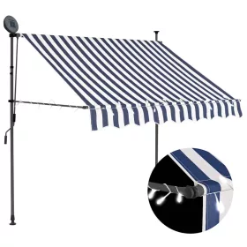   Kék és fehér kézzel kihúzható LED-es napellenző 150 cm