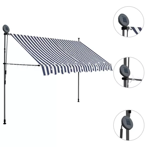 Kék és fehér kézzel kihúzható LED-es napellenző 300 cm