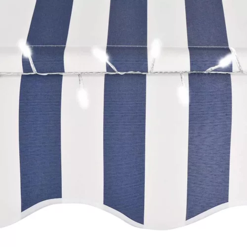 Kék és fehér kézzel kihúzható LED-es napellenző 300 cm
