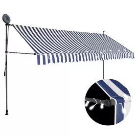   Kék és fehér kézzel kihúzható LED-es napellenző 350 cm