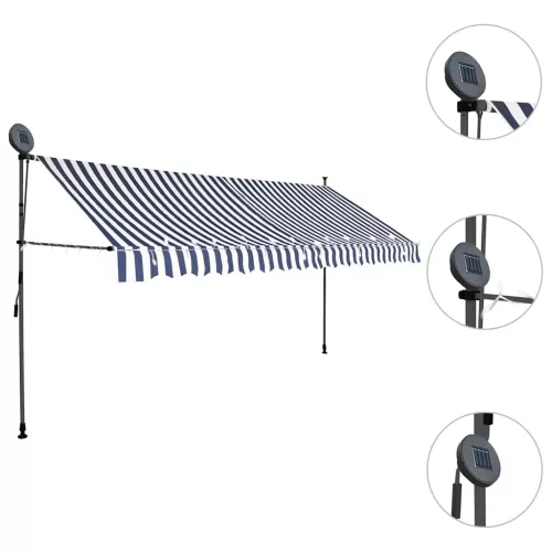Kék és fehér kézzel kihúzható LED-es napellenző 350 cm
