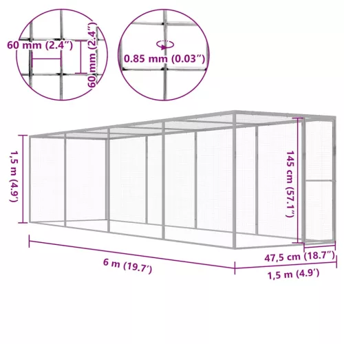 Horganyzott acél macskaketrec 6 x 1,5 x 1,5 m