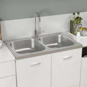   Ezüst rozsdamentes acél dupla konyhamosogató 800 x 500 x 155 mm