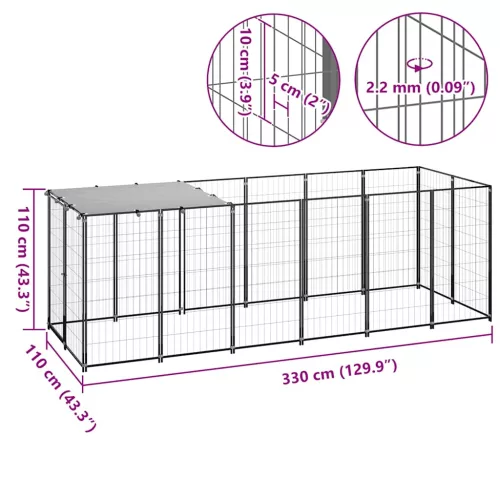Fekete acél kutyakennel 330 x 110 x 110 cm