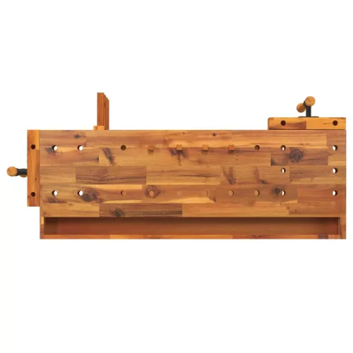 Tömör akácfa munkapad fiókkal és satuval 124x52x83 cm