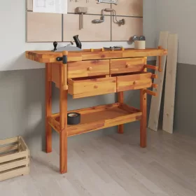   Tömör akácfa munkapad fiókokkal és satukkal 124 x 52 x 83 cm
