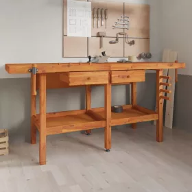   Tömör akácfa munkapad fiókokkal és satukkal 192 x 62 x 83 cm