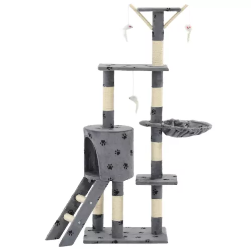 Szürke, mancsmintás macskabútor szizál kaparófákkal 138 cm