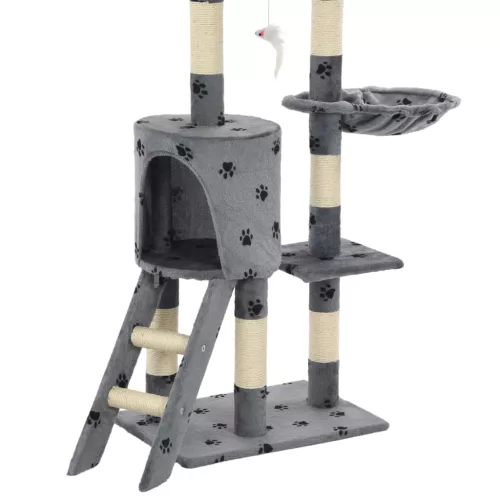 Szürke, mancsmintás macskabútor szizál kaparófákkal 138 cm