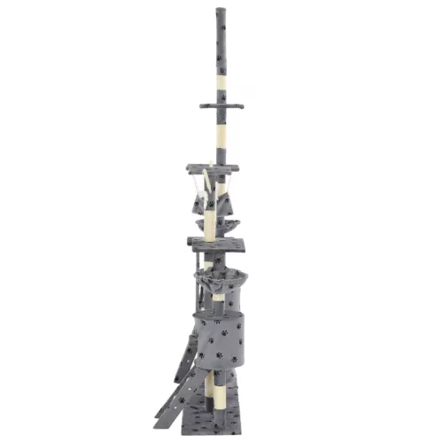 Szürke, mancsmintás macskabútor szizál kaparófákkal 230-250 cm