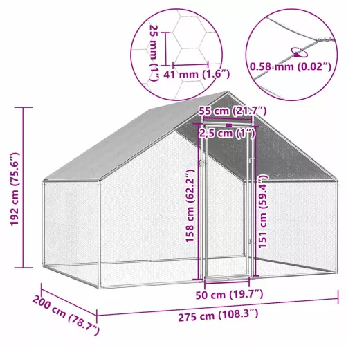 Kültéri horganyzott acél tyúkól 2,75 x 2 x 1,92 m