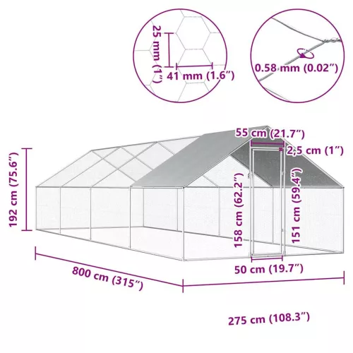 Kültéri horganyzott acél tyúkól 2,75 x 8 x 1,92 m