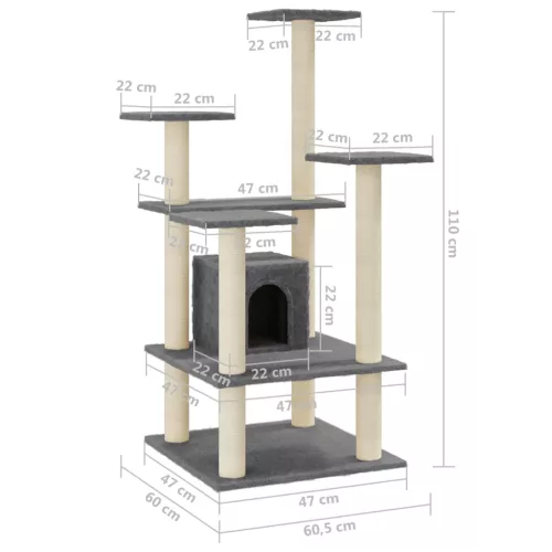 Sötétszürke macskabútor szizál kaparófákkal 110 cm