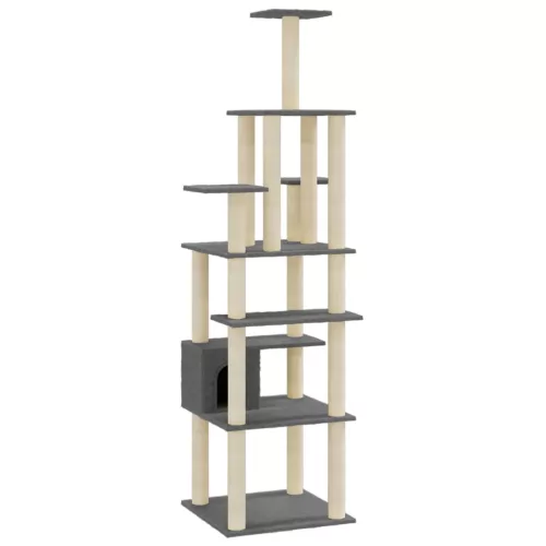 Sötétszürke macskabútor szizál kaparófákkal 183 cm