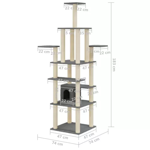Sötétszürke macskabútor szizál kaparófákkal 183 cm