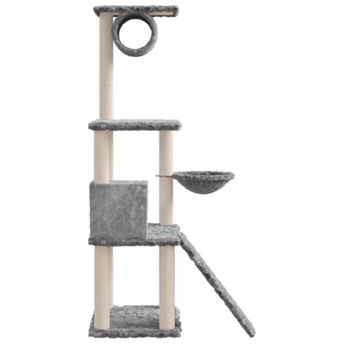 Világosszürke macskabútor szizál kaparófákkal 131 cm
