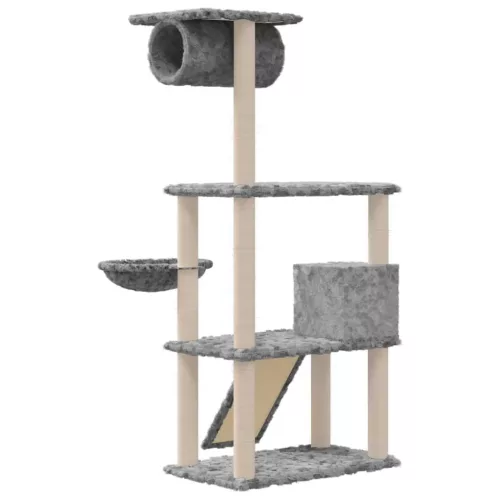 Világosszürke macskabútor szizál kaparófákkal 131 cm