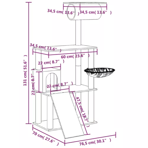 Világosszürke macskabútor szizál kaparófákkal 131 cm