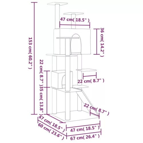 Világosszürke macskabútor szizál kaparófákkal 153 cm