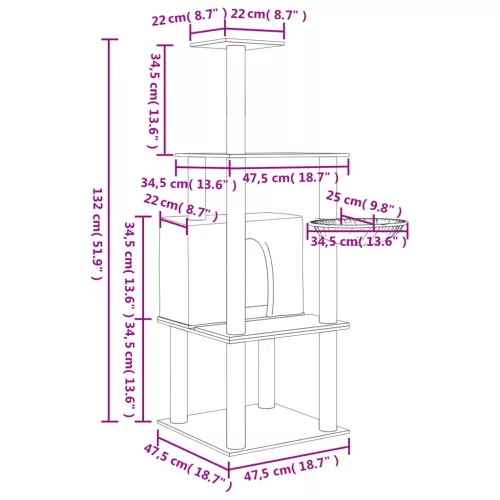 Krémszínű macskabútor szizál kaparófákkal 132 cm