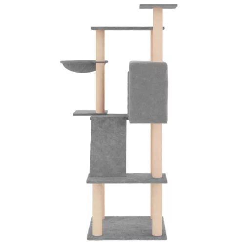 Világosszürke macskabútor szizál kaparófákkal 143 cm