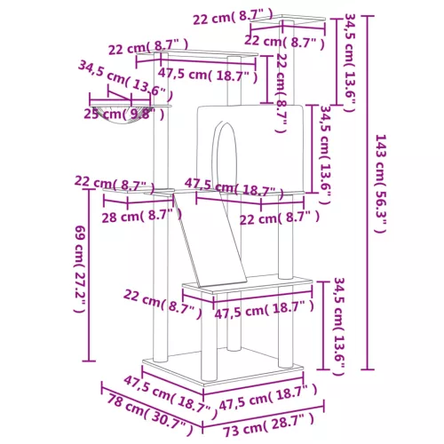 Világosszürke macskabútor szizál kaparófákkal 143 cm