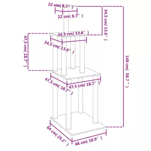 Sötétszürke macskabútor szizál kaparófákkal 149 cm
