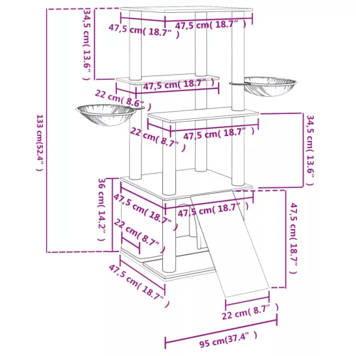 Krémszínű macskabútor szizál kaparófákkal 133 cm