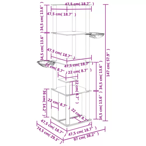 Krémszínű macskabútor szizál kaparófákkal 147 cm