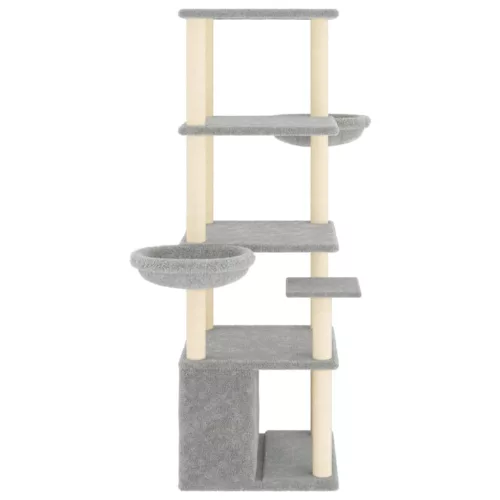 Világosszürke macskabútor szizál kaparófákkal 147 cm