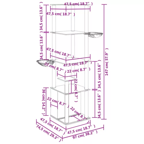 Világosszürke macskabútor szizál kaparófákkal 147 cm