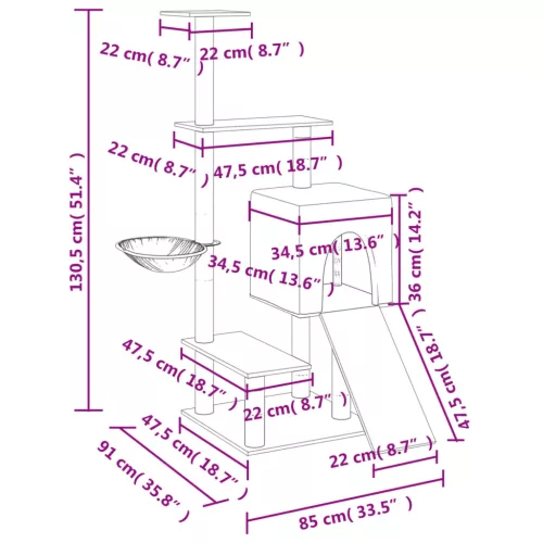 Krémszínű macskabútor szizál kaparófákkal 130,5 cm