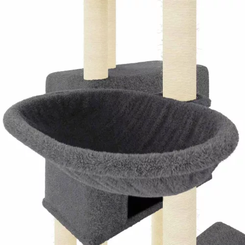 Sötétszürke macskabútor szizál kaparófákkal 122 cm
