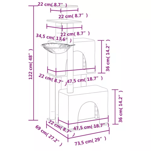 Sötétszürke macskabútor szizál kaparófákkal 122 cm