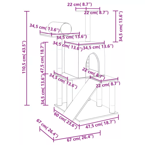 Sötétszürke macskabútor szizál kaparófával 110,5 cm