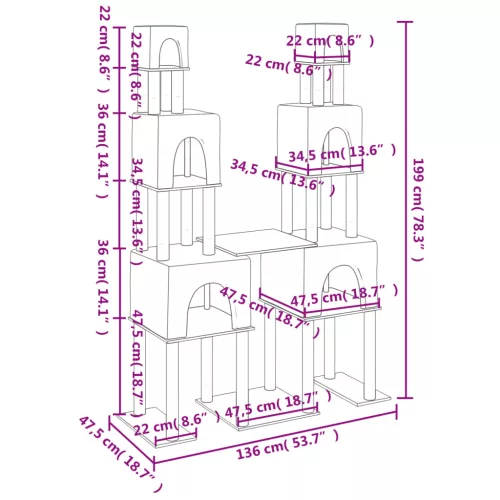 Világosszürke macskabútor szizál kaparófákkal 199 cm
