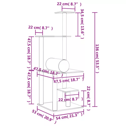 Krémszínű macskabútor szizál kaparófákkal 136 cm