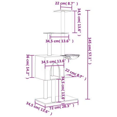 Sötétszürke macskabútor szizál kaparófával 145 cm