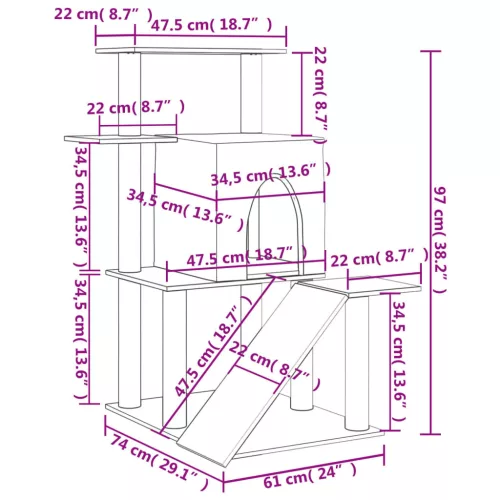 Sötétszürke macskabútor szizál kaparófákkal 97 cm