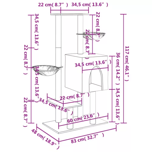 Krémszínű macskabútor szizál kaparófákkal 117 cm