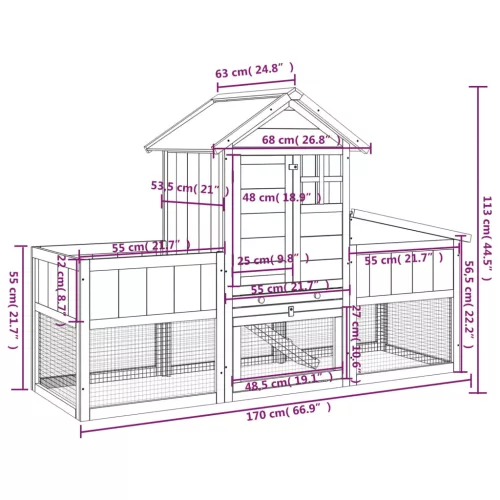 Szürke tömör fenyőfa nyúlketrec 170 x 63 x 113 cm