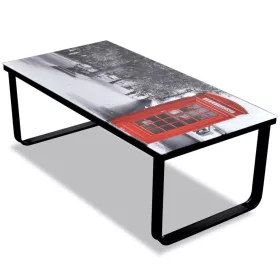 Dohányzóasztal telefonfülke mintás üveglappal