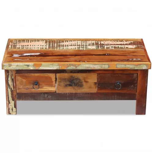 Tömör újrahasznosított fa fiókos dohányzóasztal 90 x 45 x 35 cm