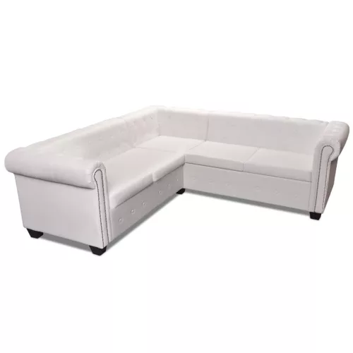 5 személyes fehér műbőr Chesterfield sarokkanapé
