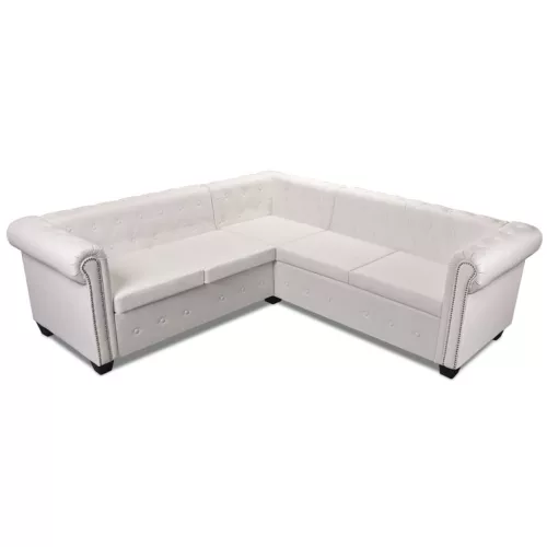 5 személyes fehér műbőr Chesterfield sarokkanapé
