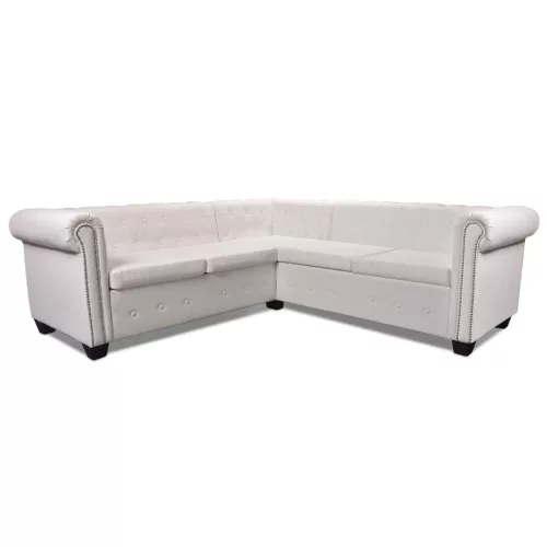 5 személyes fehér műbőr Chesterfield sarokkanapé